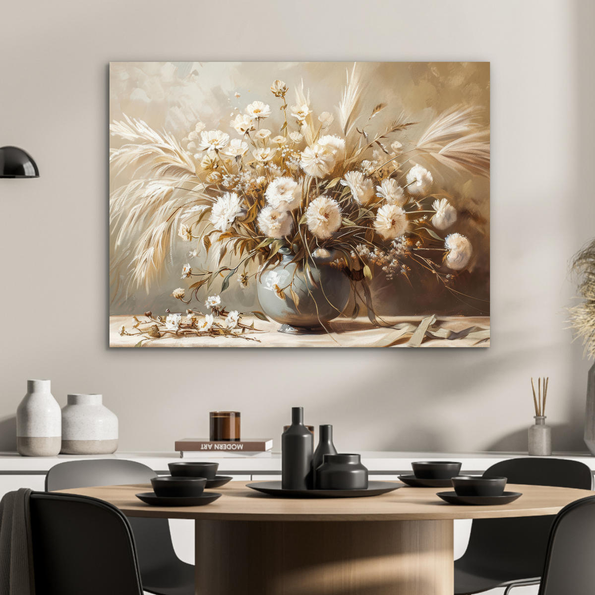 KOVOVÝ OBRAZ Kvety - Váza - Zátišie - Béžová 80x60 cm - krémová, kov (80/60cm) - MuchoWow