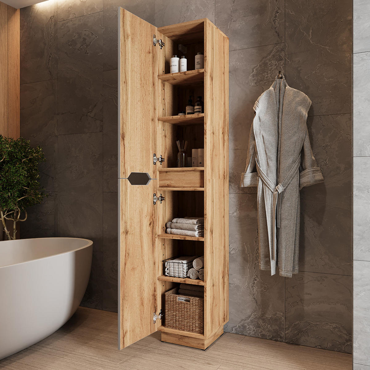 BADSCHRANK Lotta Eiche/grau gestreift 33 x 186 cm mit 2 Türen - Eichefarben/Grau, Holzwerkstoff (33/186/35cm) - Vicco