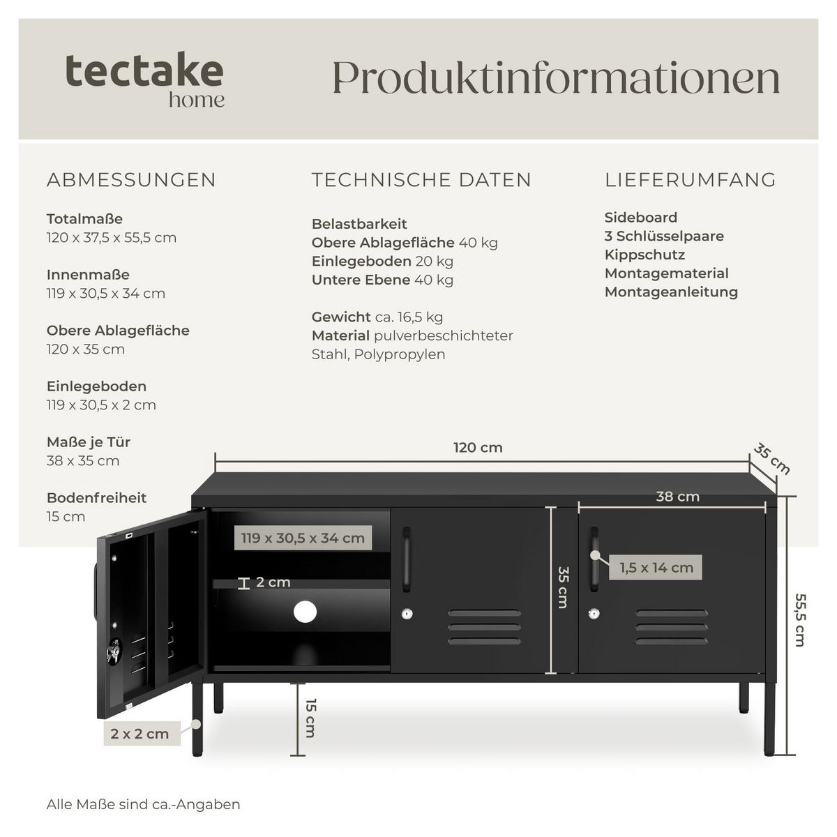 SIDEBOARD Baker, Kippschutz, höhenverstellbare Füße, schwarz - Schwarz, Metall (120/55.5/37.5cm) - tectake
