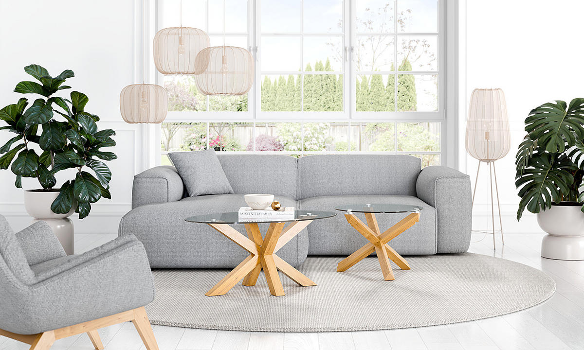 COUCHTISCH - Rund - Glas / Eiche massiv - Eichefarben, Glas/Holz (60/60/44cm) - home24