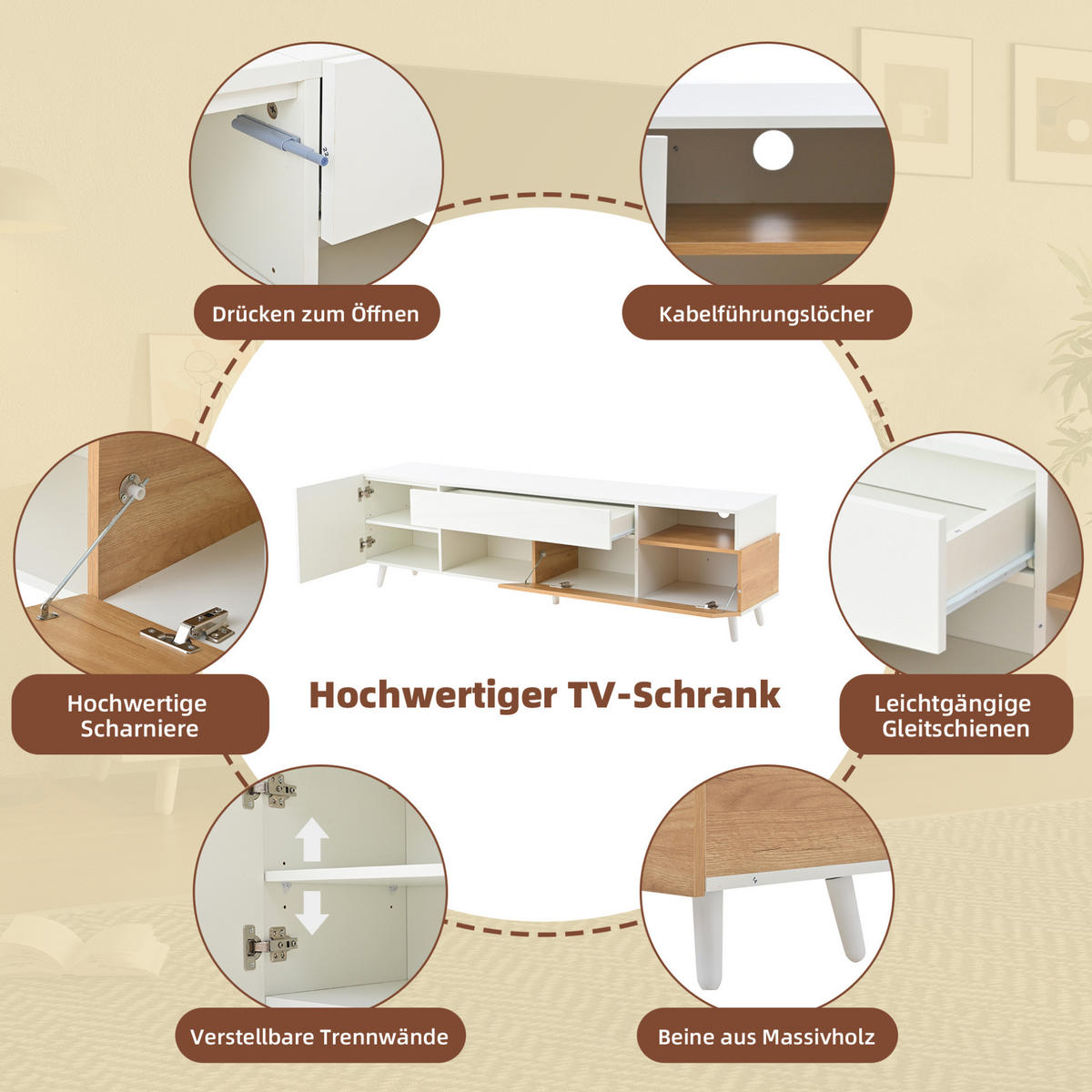 LOWBOARD 180/38/50 cm aus Spanplatte mit Hochglanzfront und vielseitigem Stauraum Weiß/Natur - Hellbraun, Holzwerkstoff (180/50/38cm) - Modenvie