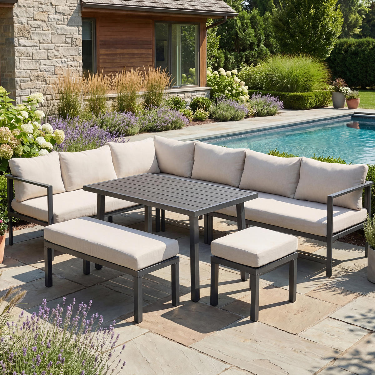 GARTEN-ESSGRUPPE 9 Personen Ecksofa Tisch Stahl Grau - Grau, Textil - FLIEKS