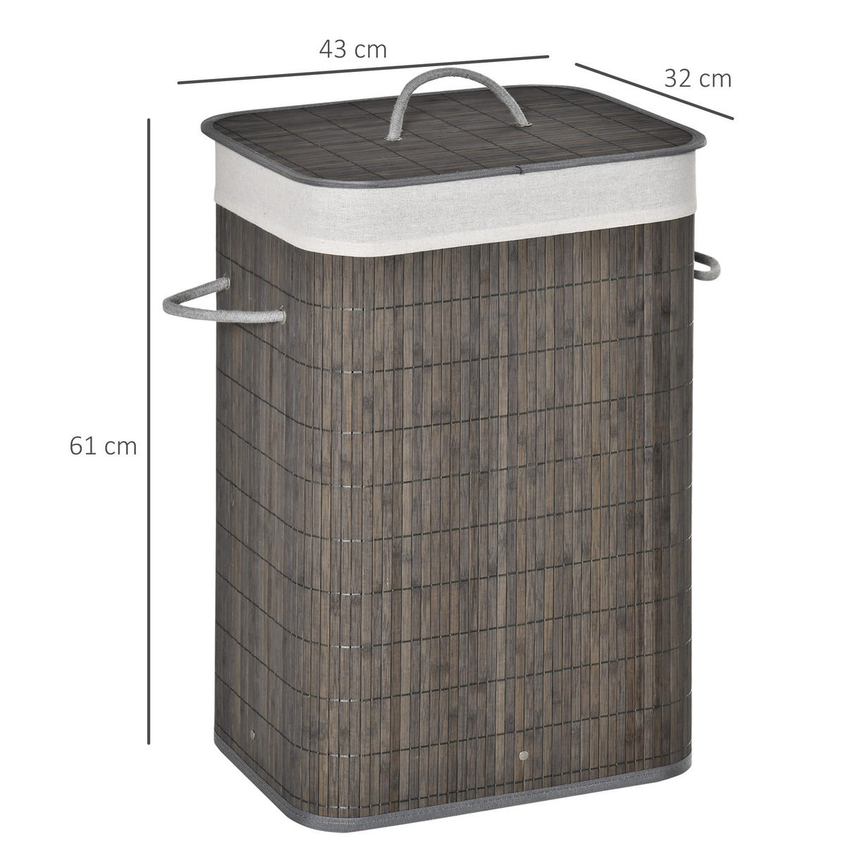 WÄSCHEKORB schmal mit Deckel 83L, Bambus, Grau - Grau, Naturmaterialien (43/61/32cm) - HOMCOM