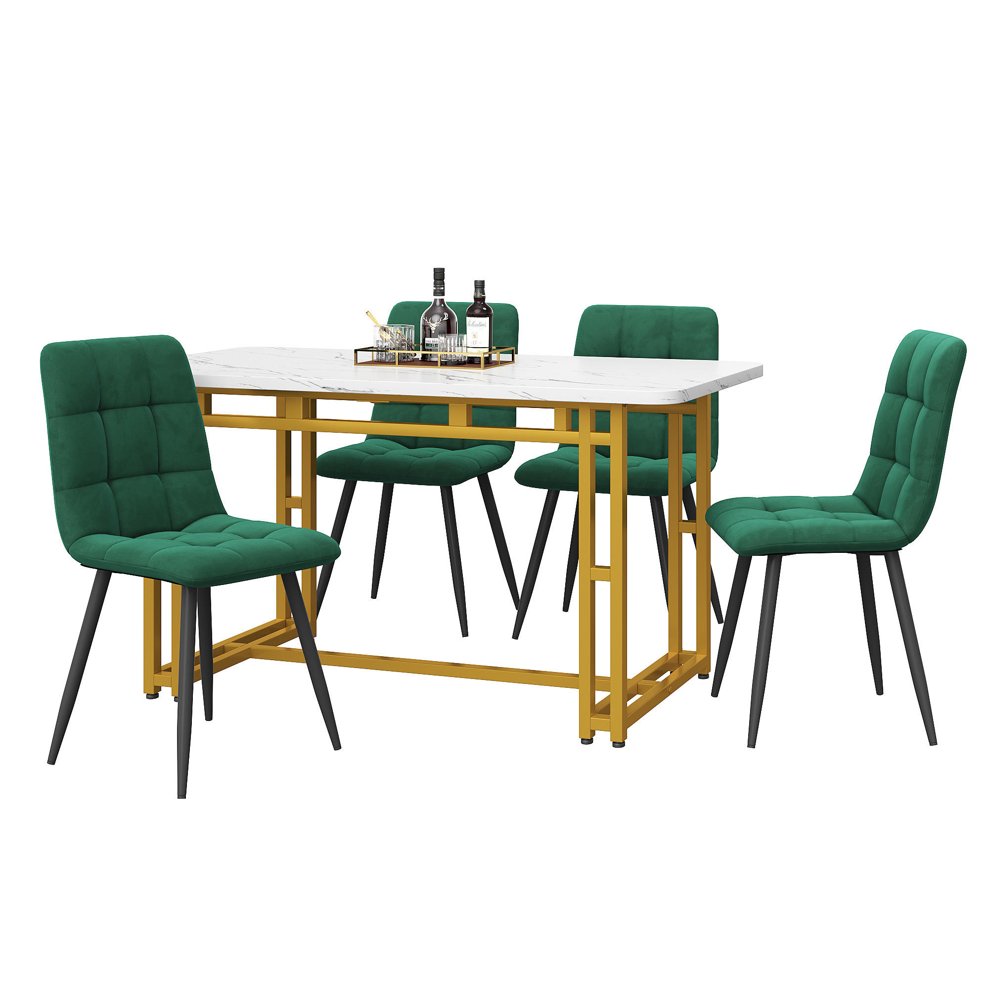 ESSZIMMER-SET 5-teilig mit Tisch 120x70 und vier samtbezogenen Stühlen mit Gold-Metallbeinen für Ess- und Wohnzimmer, weiß-grün - Grün, Holzwerkstoff (70/74/120cm) - Luhomfu