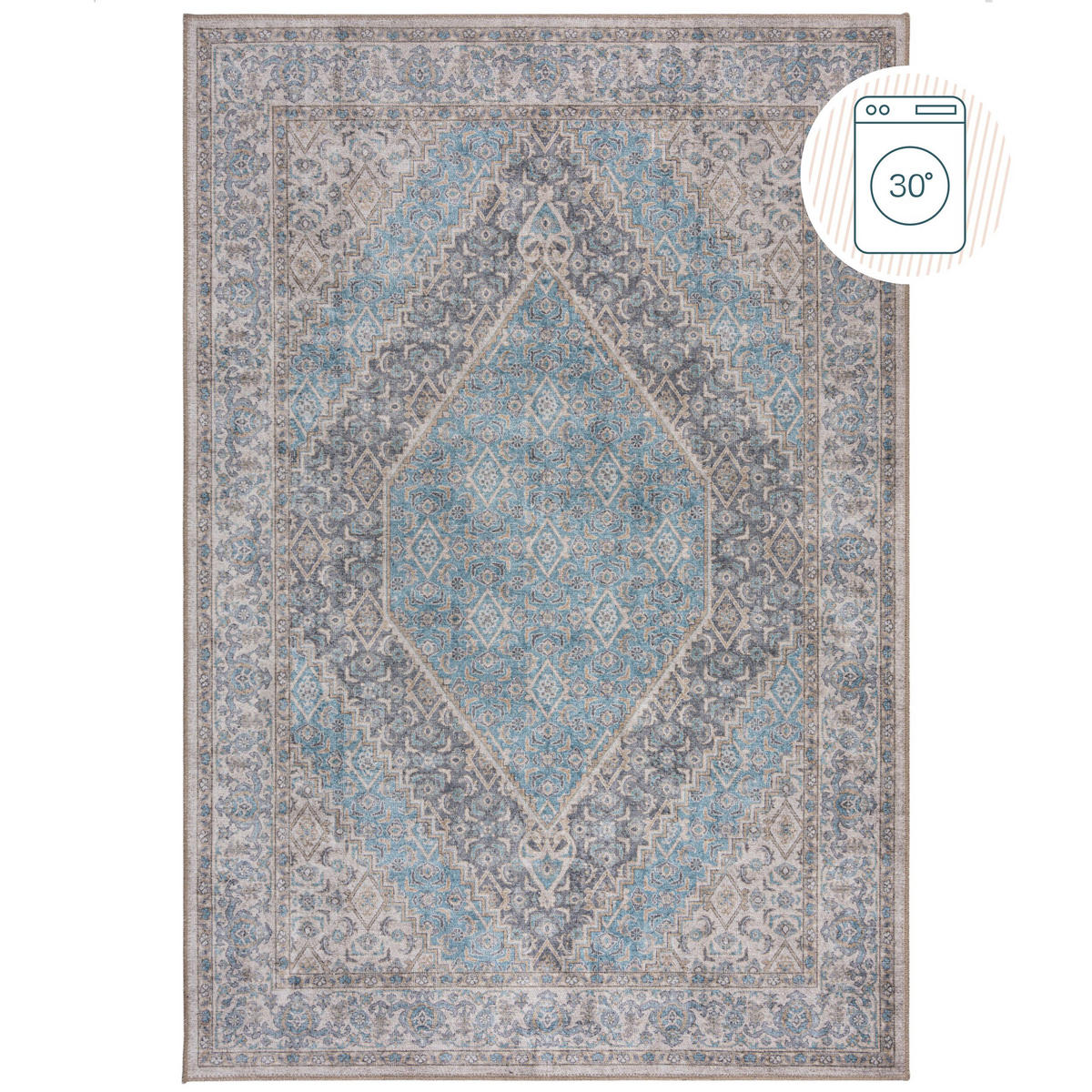TEPPICH waschbar Medallion Muster, Orientalisch, Wohnzimmer schmutzabweisend Blau Rechteckig 190x290 - Blau, Textil (190/290cm) - KADIMA DESIGN