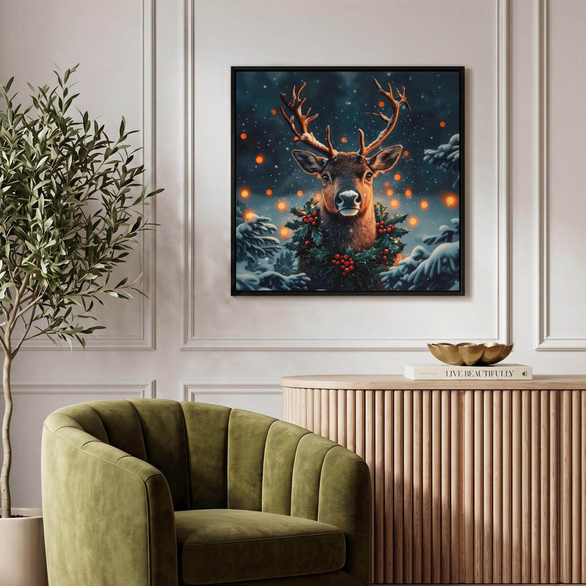 LEINWAND Bilder mit Rahmen - Hirsch - Weihnachten - Winter - Schnee - Weihnachtskranz - 50x50 - Dunkelbraun, Textil (50/50cm) - MuchoWow