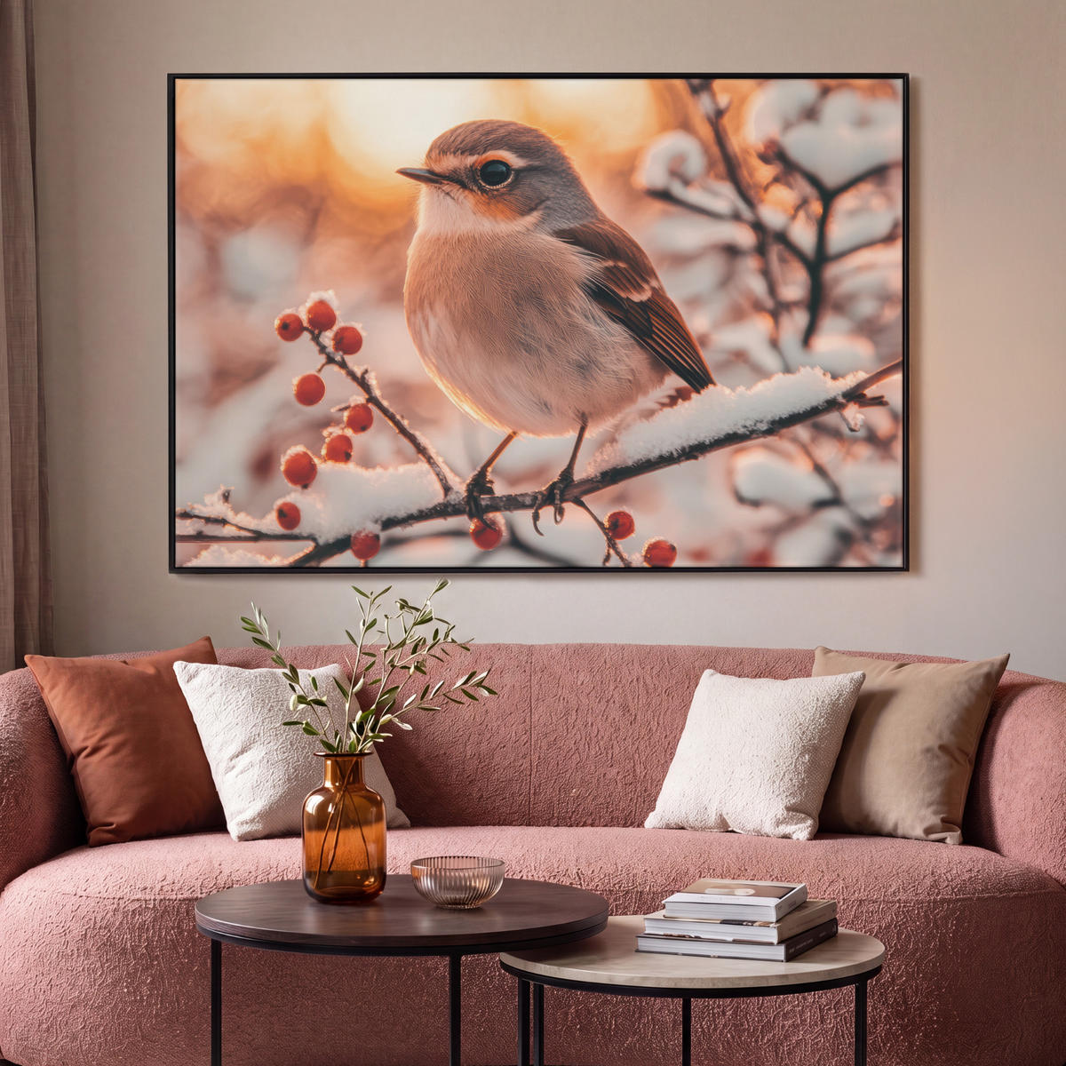 LEINWAND Bilder mit Rahmen - Vogel - Zweig - Winter - Tiere - Schnee - 140x90 - Bernsteinfarben, Textil (140/90cm) - MuchoWow