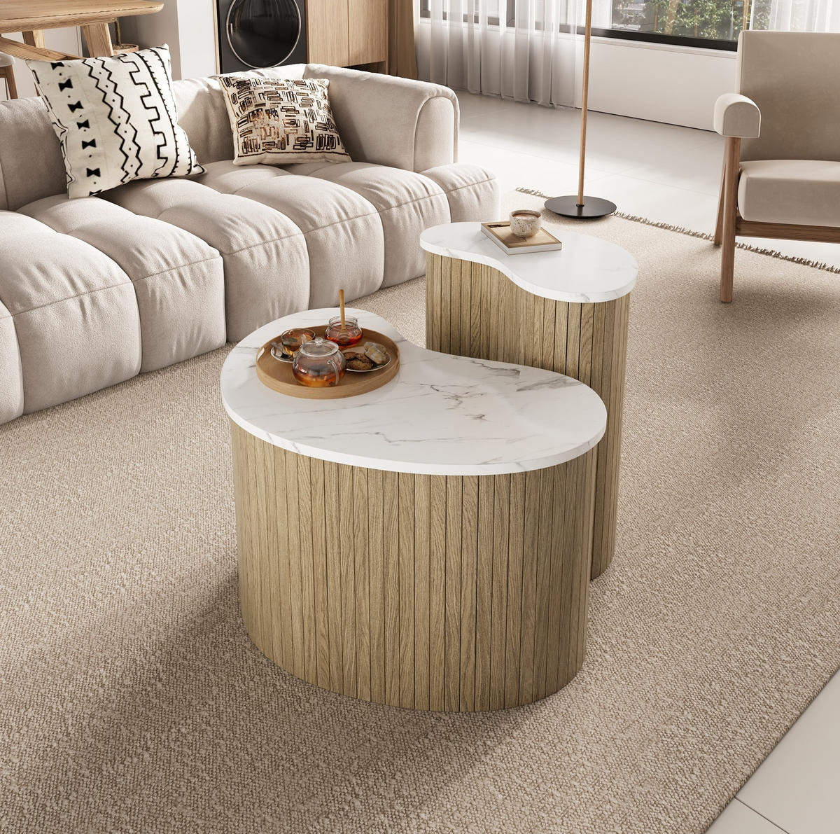 COUCHTISCH 2er-Set geschwungen MDF Natur/Weiß - Weiß, Holz (60/60/38cm) - Meubliv
