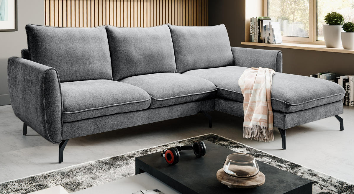 SOFA grau Webstoff 259 x 167 cm, Ecksofa 5-Sitzer, L-Sofa Ottomane rechts - Schwarz/Grau, Holz/Textil (259/167cm) - Inn.Furn