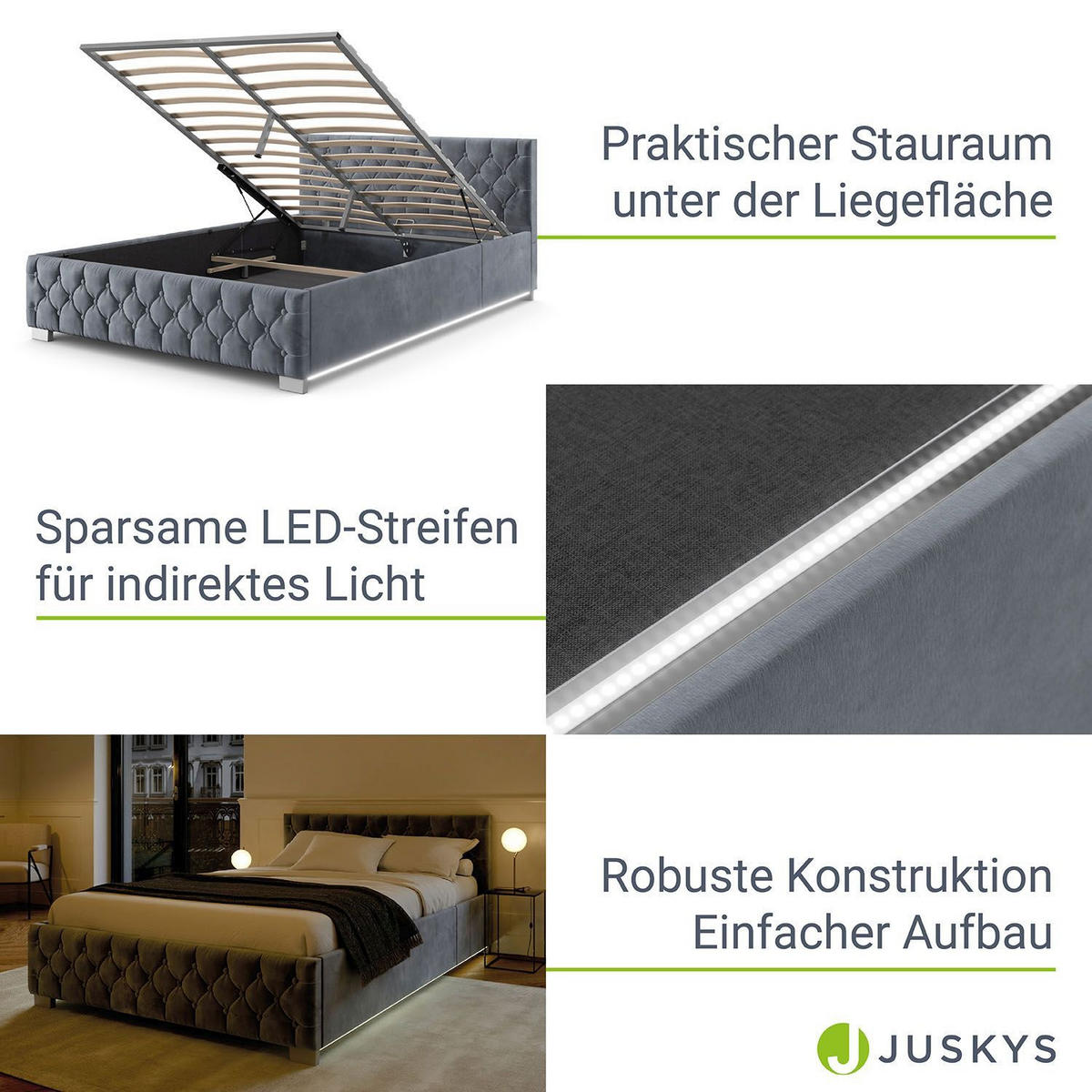 POLSTERBETT Nizza Dunkelgrau 140x200 cm mit Bettkasten und LED - Dunkelgrau, Holzwerkstoff (140/200cm) - Juskys