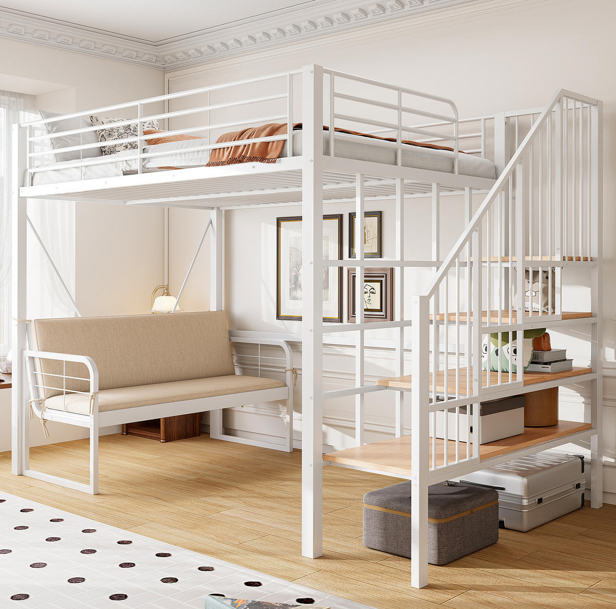 ETAGENBETT 140/200 cm Weiß mit Polstersofa und Stauraumleiter ohne Matratze - Weiß, Metall (140/200cm) - MIVRAY