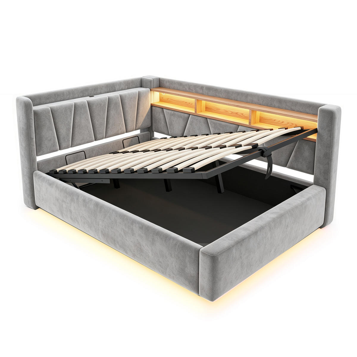 BOXBETT 140/200 mit LED/Regal/USB/Bettkasten, Samt, Grau - Grau, Holz (140/200cm) - LVHOM