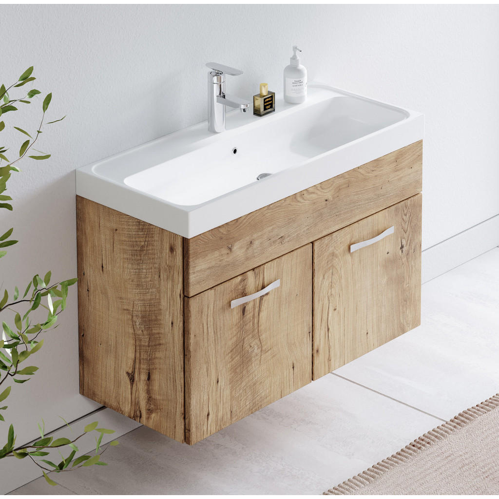 Thumbnail - Badplaats Badmöbel-Set, Eiche, Kastanien, Holz, Rechteckig, 80x55x40 cm, Badezimmer, Badezimmerschränke, Waschtischkombi...