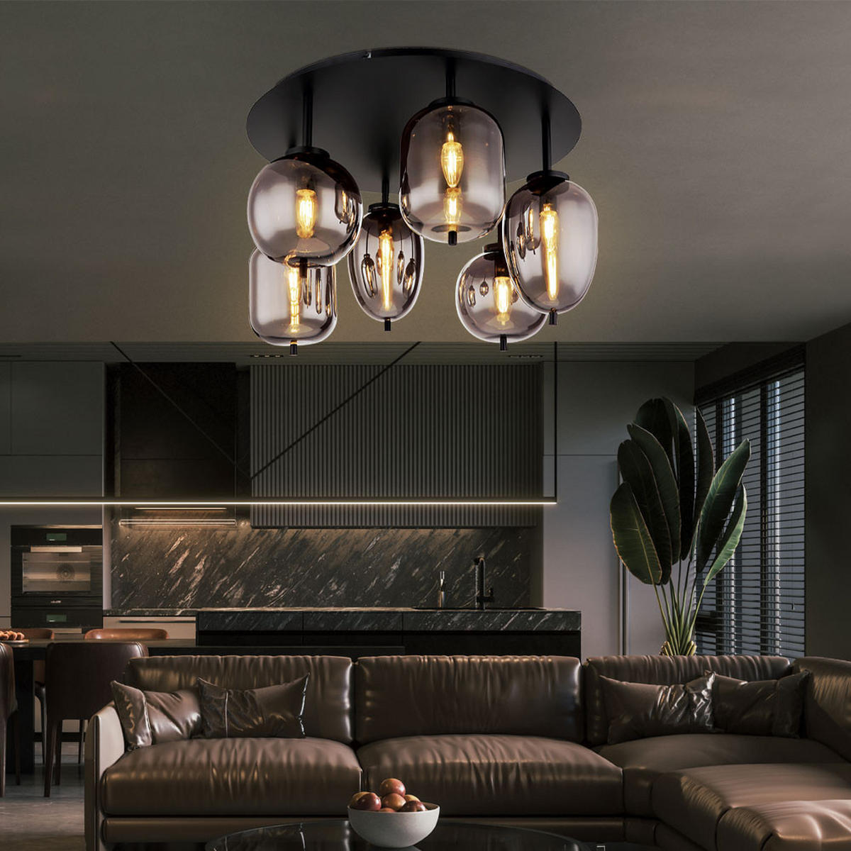 DECKENLEUCHTE Metall Glas Schwarz Messing 6 Flammig - Schwarz, Glas (65/65/38cm) - Globo Lighting