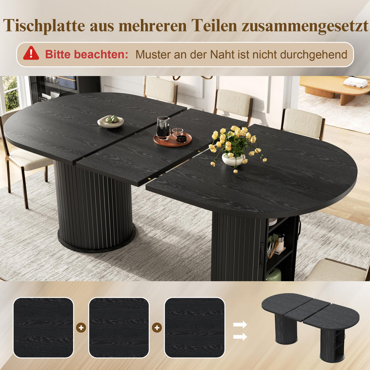 ESSTISCH Schwarz 150–190×80×75 cm mit Auszugmechanismus, verdecktem Staufach und Metallrahmen aus Holzwerkstoff - Schwarz, Holzwerkstoff (80/150/75cm) - Luhomfu