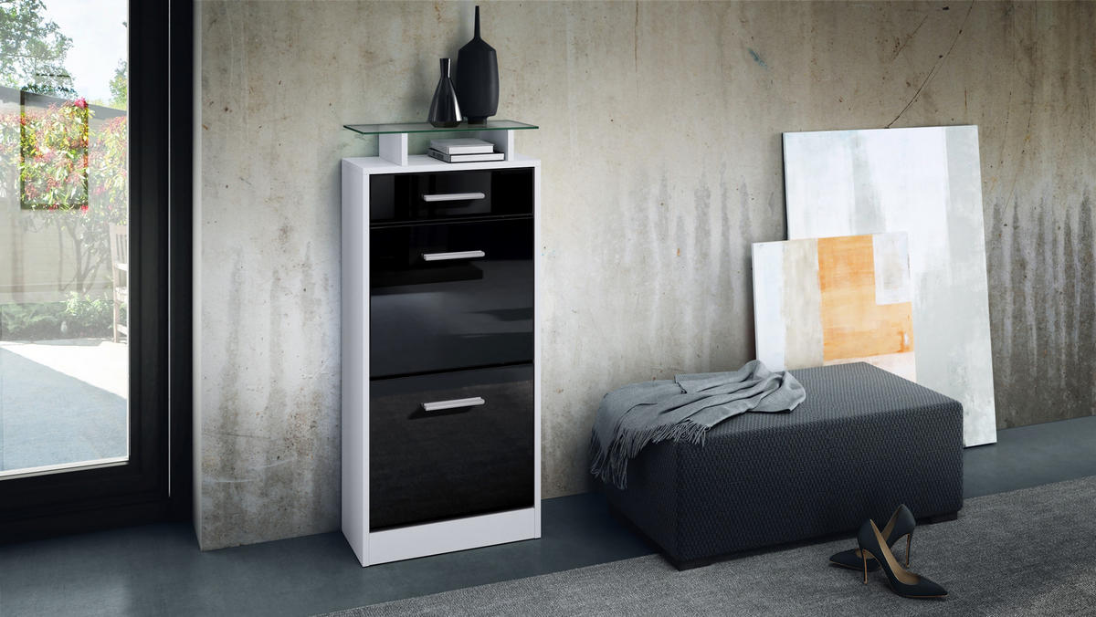 SCHUHSCHRANK Loret Front in Schwarz Hochglanz - Schwarz Hochglanz, Holzwerkstoff (46/104/23cm) - Vladon