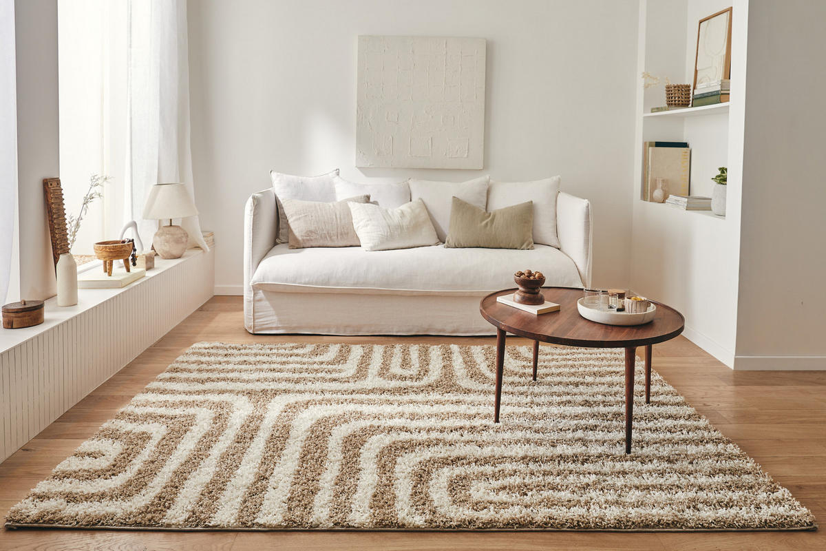 TEPPICH shaggy mit geometrischem Muster in Beige Olympe 80x140 cm - Beige, Textil (80/140cm) - Nazar Rugs