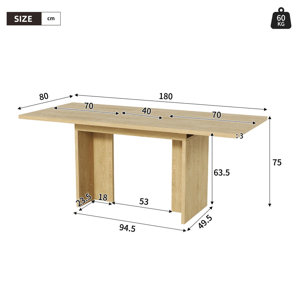 ESSTISCH 80/180/75 cm Eichefarben aus MDF mit 30 mm Tischplatte - Eichefarben, Holzwerkstoff (180/80/75cm) - OKWISH