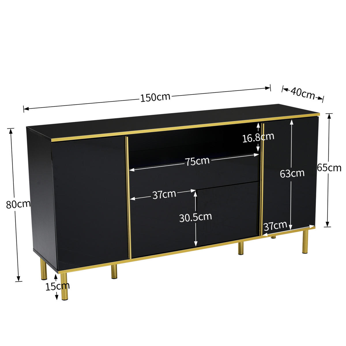 SIDEBOARD Schwarz, 4 Türen, 2 Schubladen, LED - Schwarz, Holz (150/80/40cm)