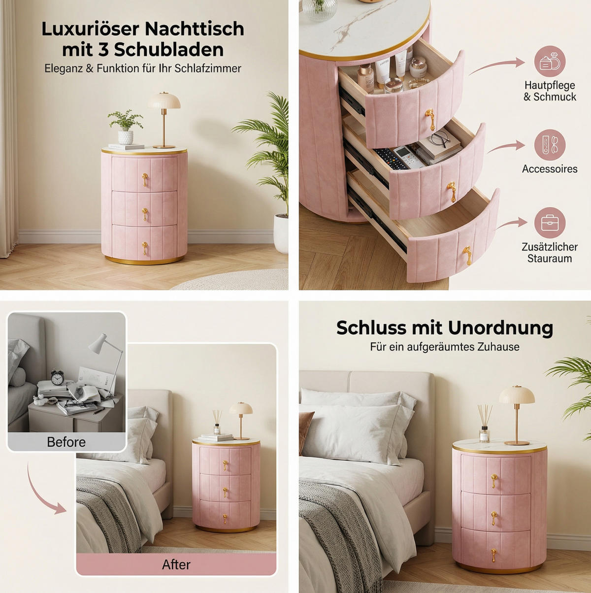 NACHTTISCH 40/52,5/40 cm Rose aus MDF, Metall und Samt mit 3 Schubladen - Rosa, Holzwerkstoff (40/52.5/40cm) - OKMYHOME