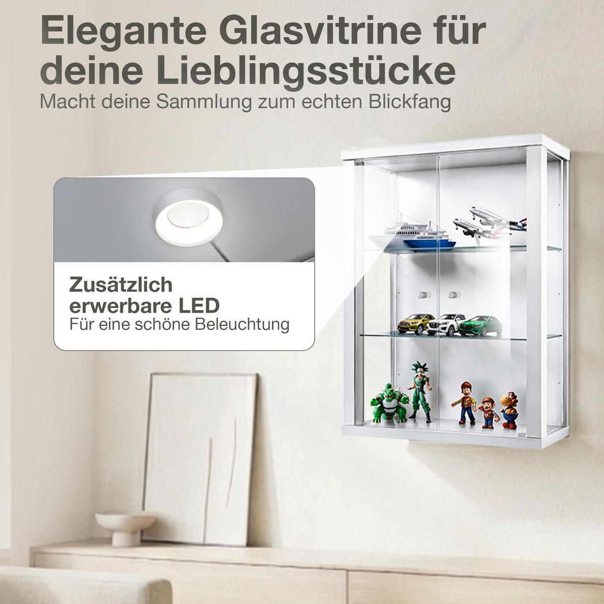 HÄNGEVITRINE 25/60/80 cm mit 2 höhenverstellbaren Glasböden - Transparent/Silberfarben, Glas/Holzwerkstoff (60/80/25cm) - K-Möbel