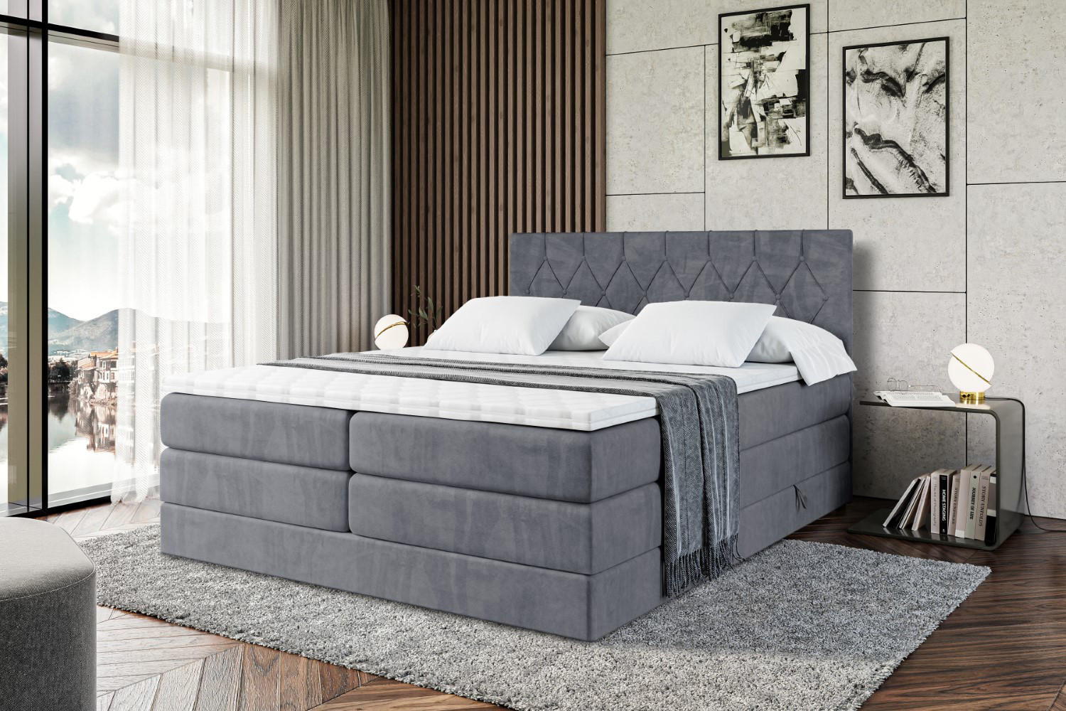 Thumbnail - Altdecor Boxspringbett, Dunkelgrau, Holzwerkstoff, Höhe ca. 38 cm, 200x200 cm, Schlafzimmer, Betten, Boxspringbetten