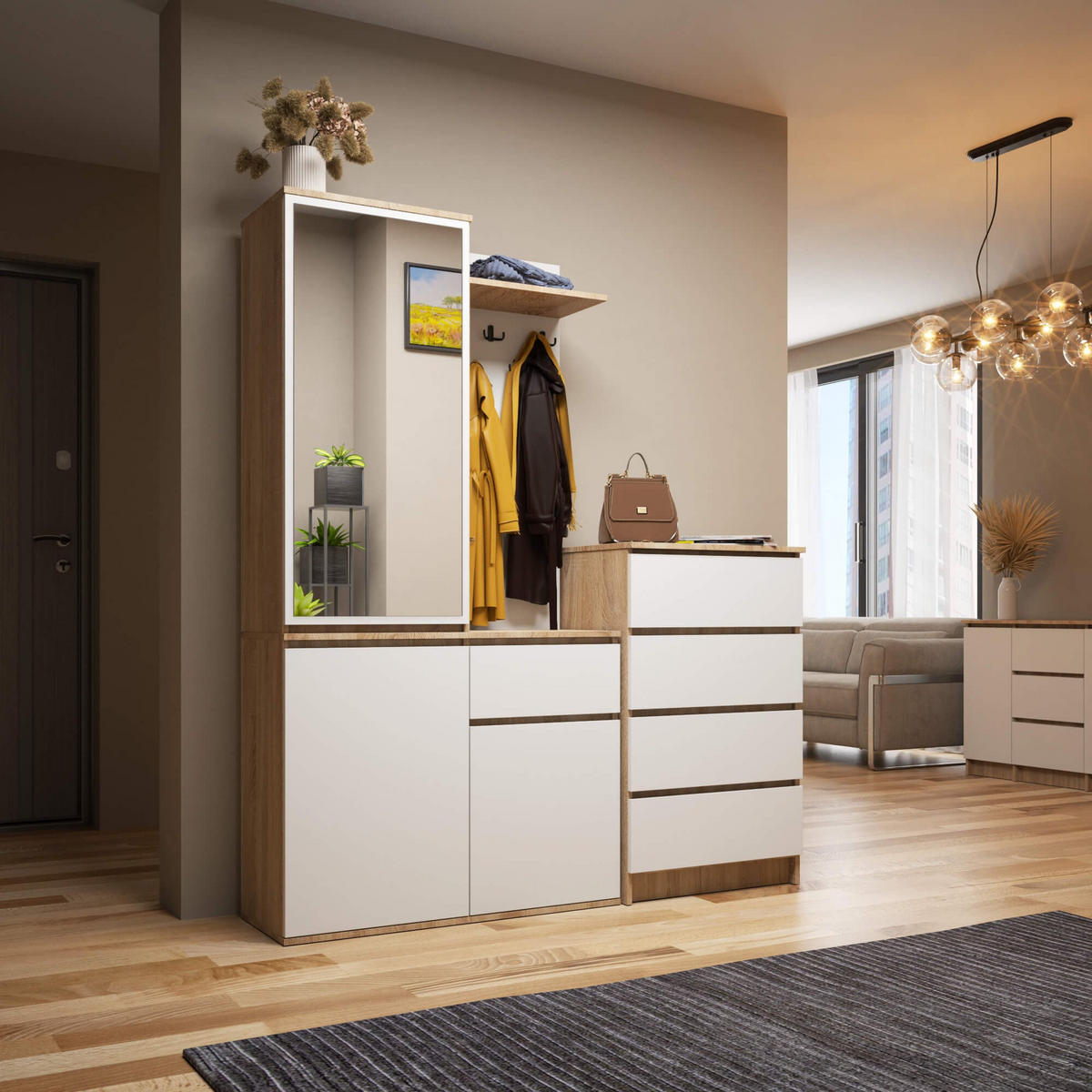 GARDEROBE Entro mit Spiegel, Sonoma Eiche/Weiß, 95x183x35 cm - Weiß/Sonoma Eiche, Holzwerkstoff (95/183/35cm) - Akord