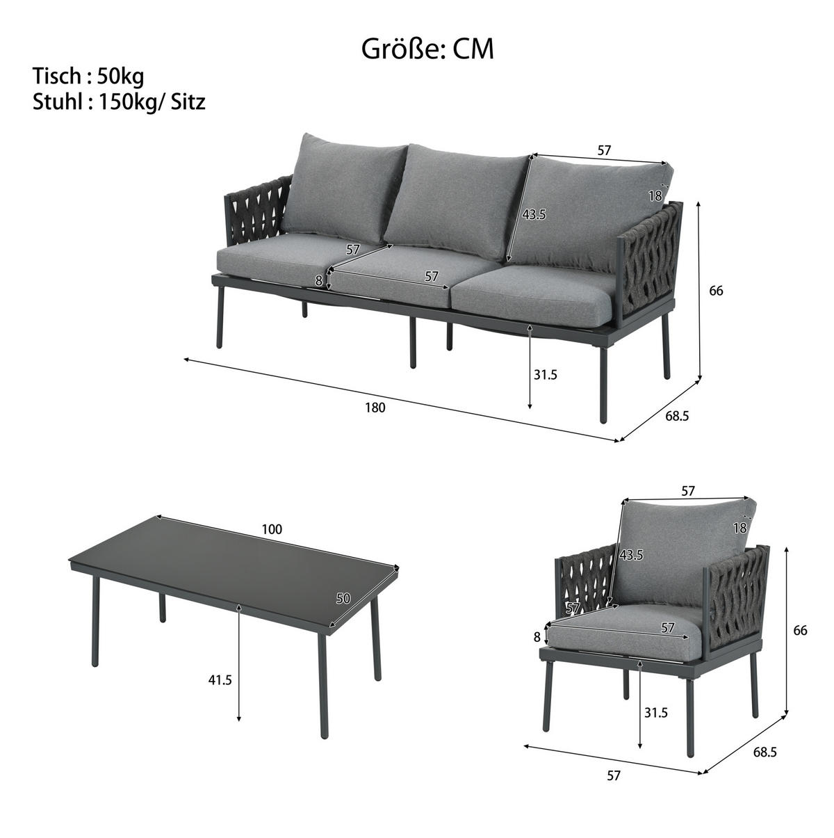 GARTENLOUNGE-SET 4-teilig mit 3-Sitzer-Sofa, 2 Sesseln, Glastisch und Seilarmlehnen aus verzinktem Stahl, Grau - Grau, Textil - Redom