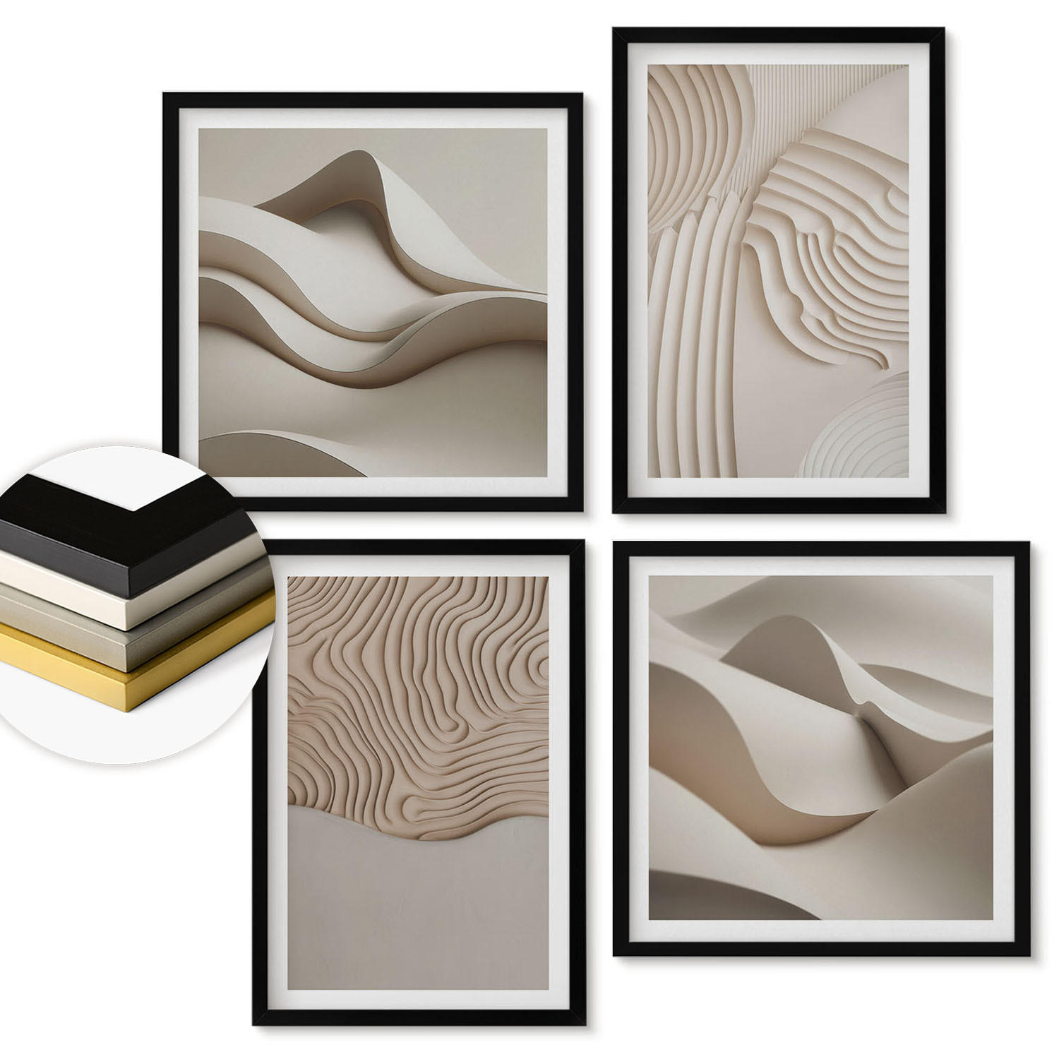 WANDBILDER 4er-Set - 50x50 cm & 40x60 cm Schwarzer Rahmen - Abstrakte Wellen auf dem Sand - Schwarz, Kunststoff (50/50cm) - ArtPrintCave