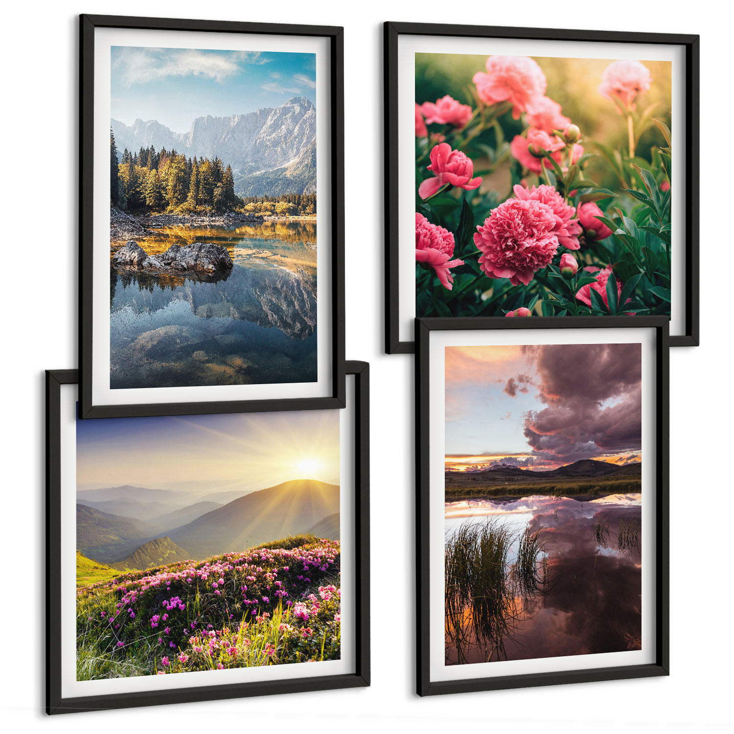 BILDER SET 4er Set - 50x50 cm & 40x60 cm Schwarzer Rahmen - Blumengarten, Bergwiese, Wasser - Schwarz, Kunststoff (50/50cm) - TULUP