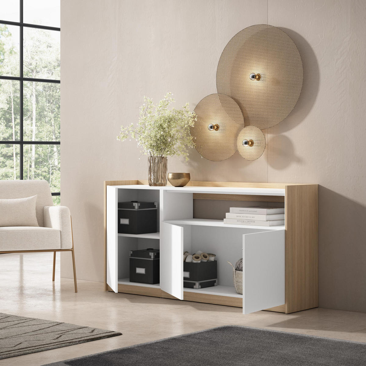 SIDEBOARD, Highboard, Weiß und Eiche Soft, 156/37/80cm - Weiß, Holzwerkstoff (156/80/37cm) - Skraut Home