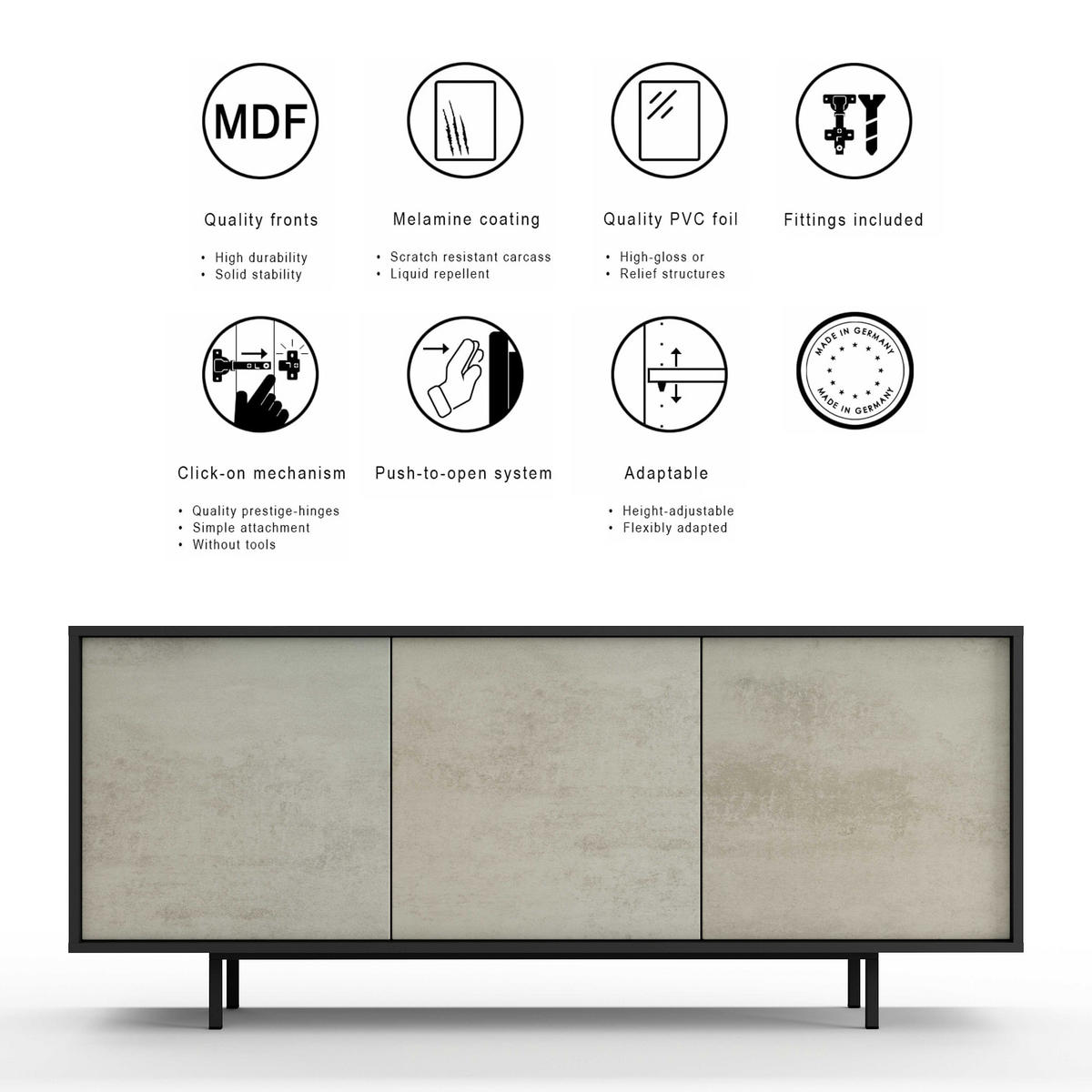 SIDEBOARD Akia Beton Oxid 66/154/40 cm - Hellgrau, Holzwerkstoff (154/66/40cm) - SIMPLYFURN