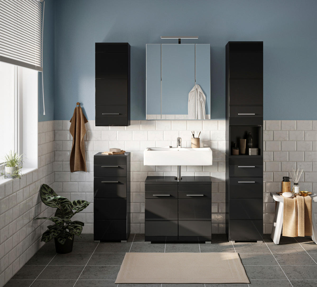BADMÖBEL-SET in schwarz Hochglanz, 5-teilig 150 cm, Badkombination - Schwarz, Glas/Holzwerkstoff (150/182/34cm) - Inn.Furn