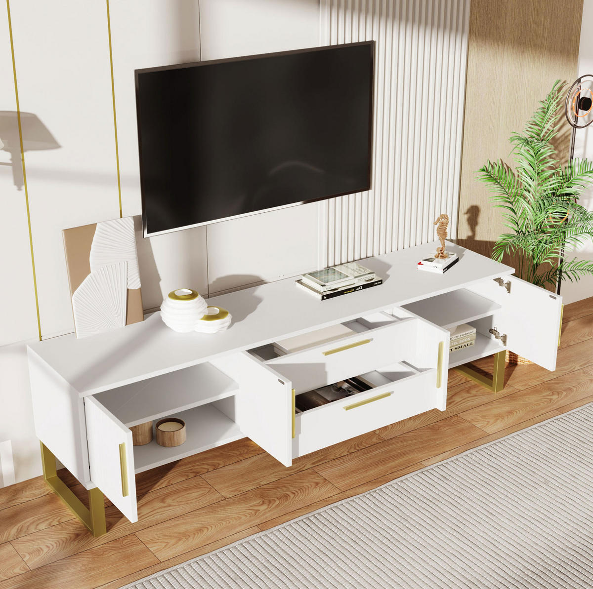 TV ormarić 170/40/53,5 cm bijeli od MDF-a visokog sjaja s 4 vrata i otvorima za kabele - bijela, drvni materijal (170/53.5/40cm) - OKWISH