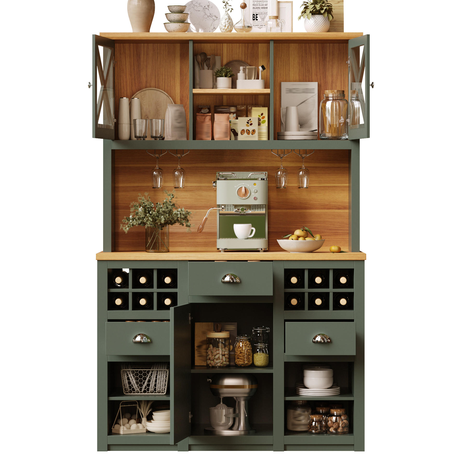BUFFET 120/45/188 cm aus MDF und Glas mit LED-Beleuchtung & Steckdosen Antikgrün - Dunkelgrün, Holzwerkstoff (120/188/45cm) - Modenvie