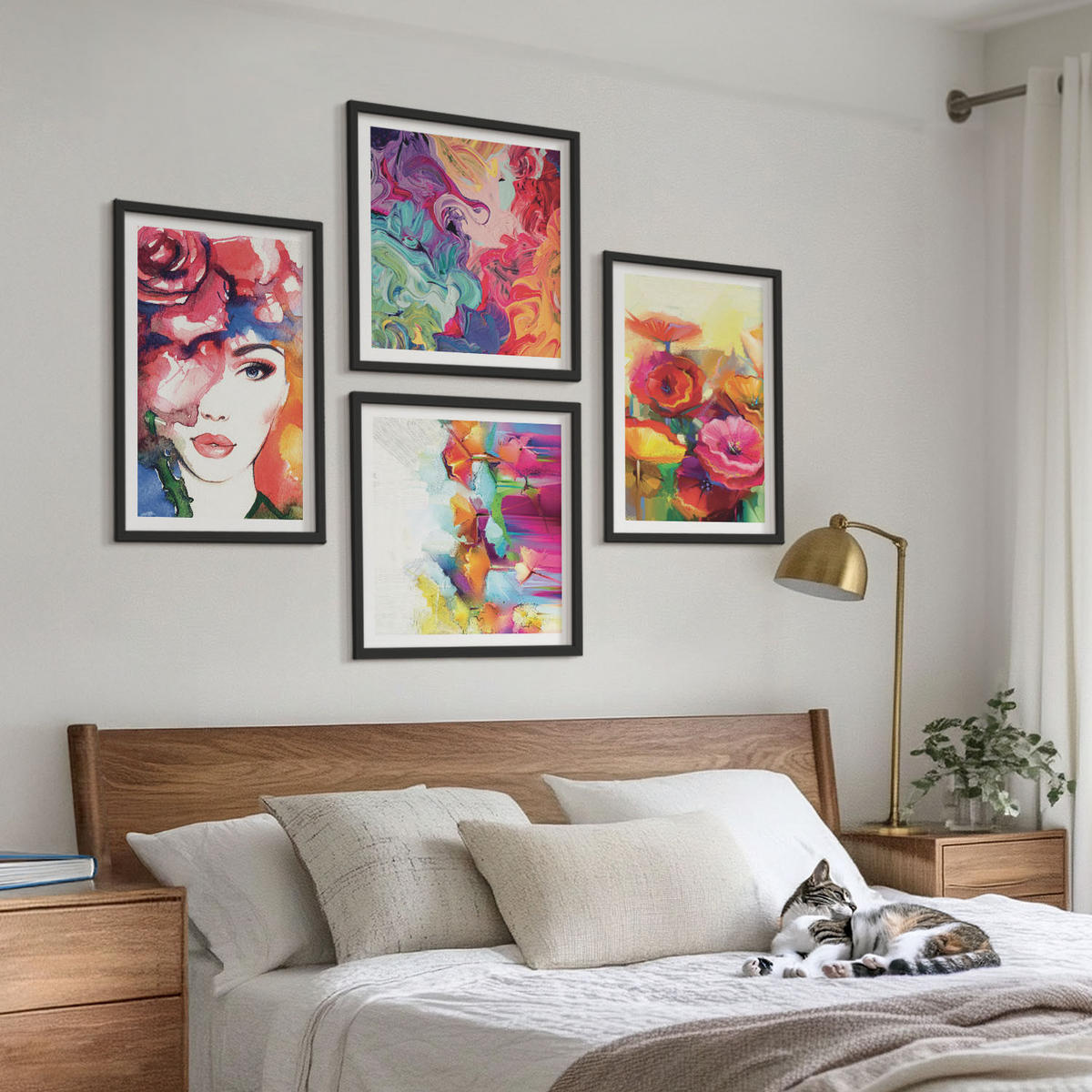WANDBILDER 4er-Set - 50x50 cm & 40x60 cm Schwarzer Rahmen - Porträt von Blumen in intensiven Farben - Schwarz, Kunststoff (50/50cm) - ArtPrintCave