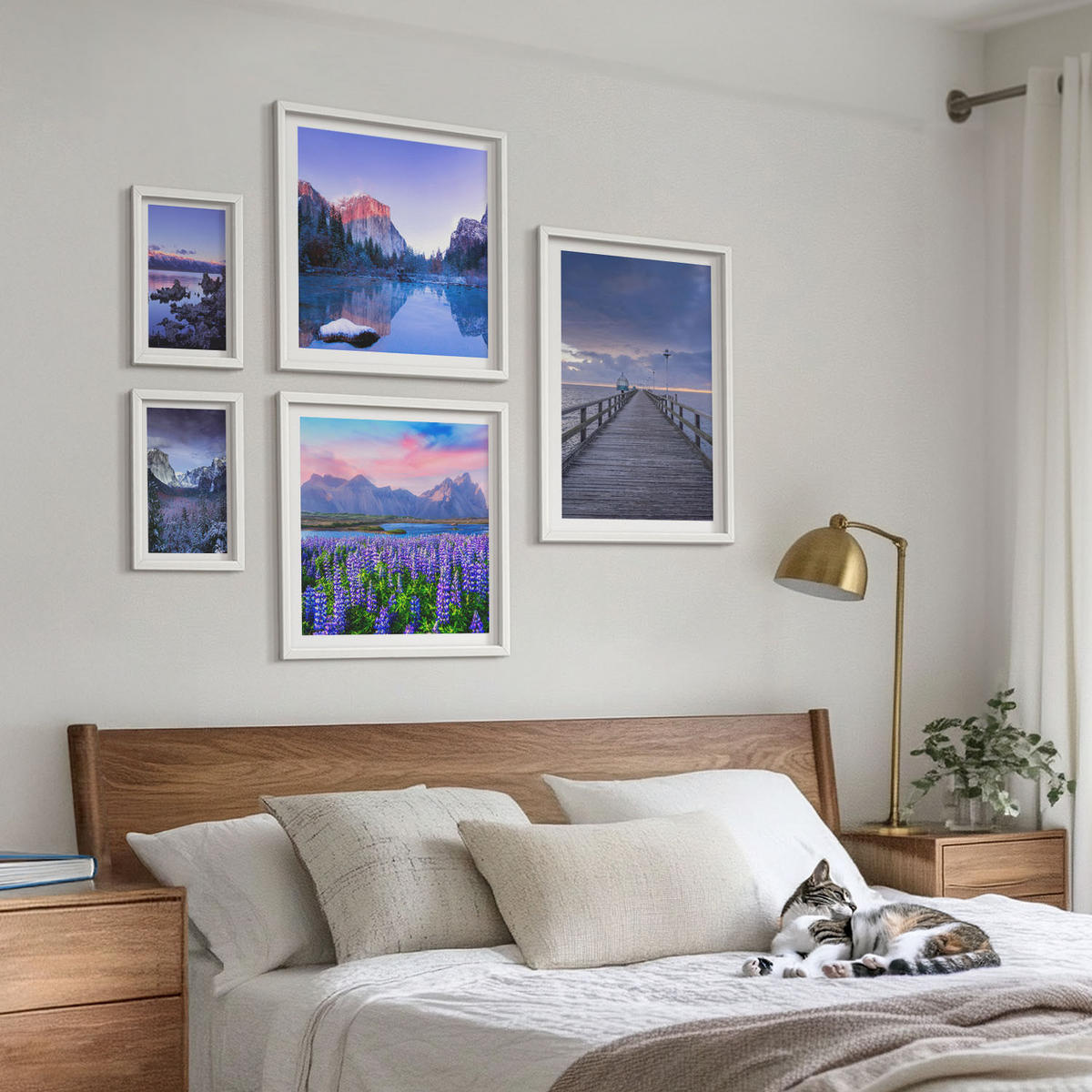 BILDER SET 5er Set - 50x50 cm & 20x30 cm & 40x60 cm Weißer Rahmen - Berglandschaften, Wasser, Blumenfeld - Weiß, Kunststoff (40/60cm) - TULUP