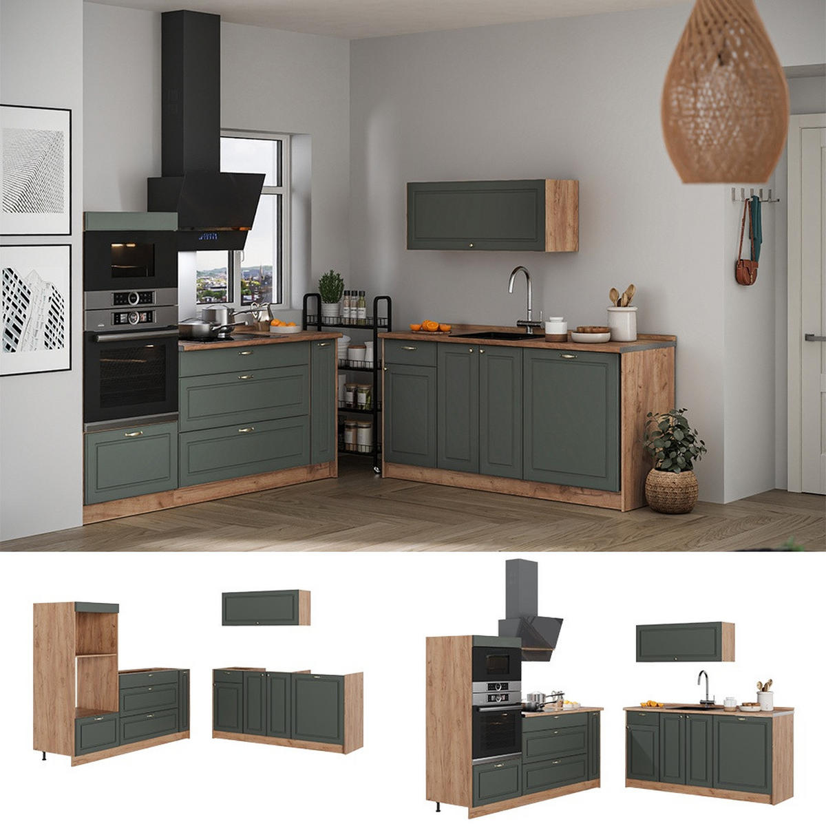 KUCHYŇA Fame-Line, Zelený a zlatý vidiecky dom/Dub Goldkraft, 340 cm, AP Oak - zelená/dub medový, kompozitné drevo (340/153.6/60cm) - Vicco