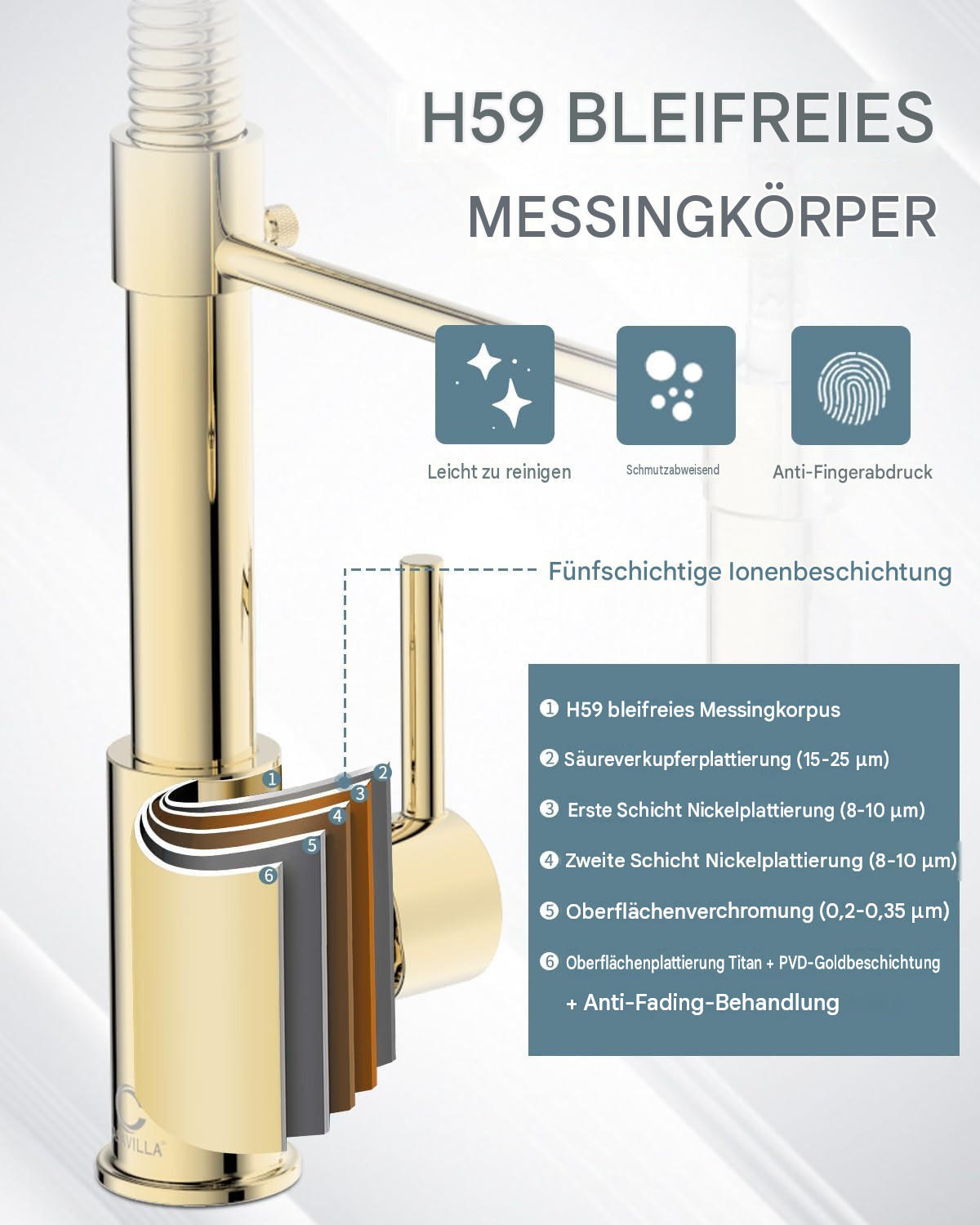KÜCHENARMATUR, 44 x 17,5 cm, gold - Goldfarben, Metall (49/7/22cm) - Vallsero
