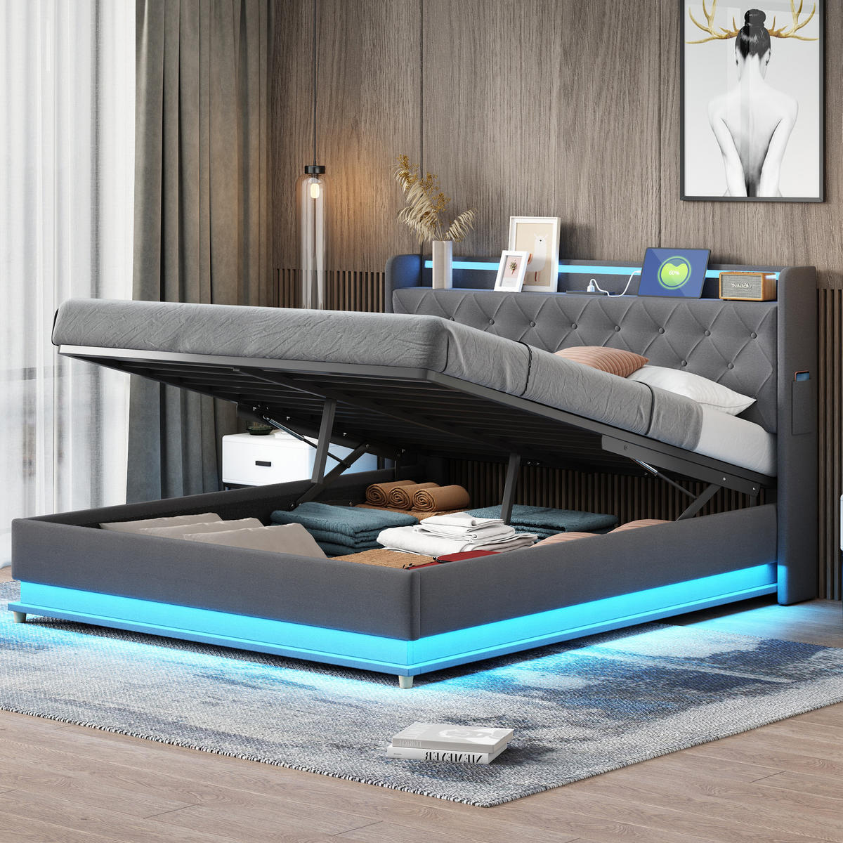 POLSTERBETT 160/200 cm in Grau Leinen mit Bettkasten, LED und USB - Grau, Holzwerkstoff/Textil (160/200cm) - WISHDOR