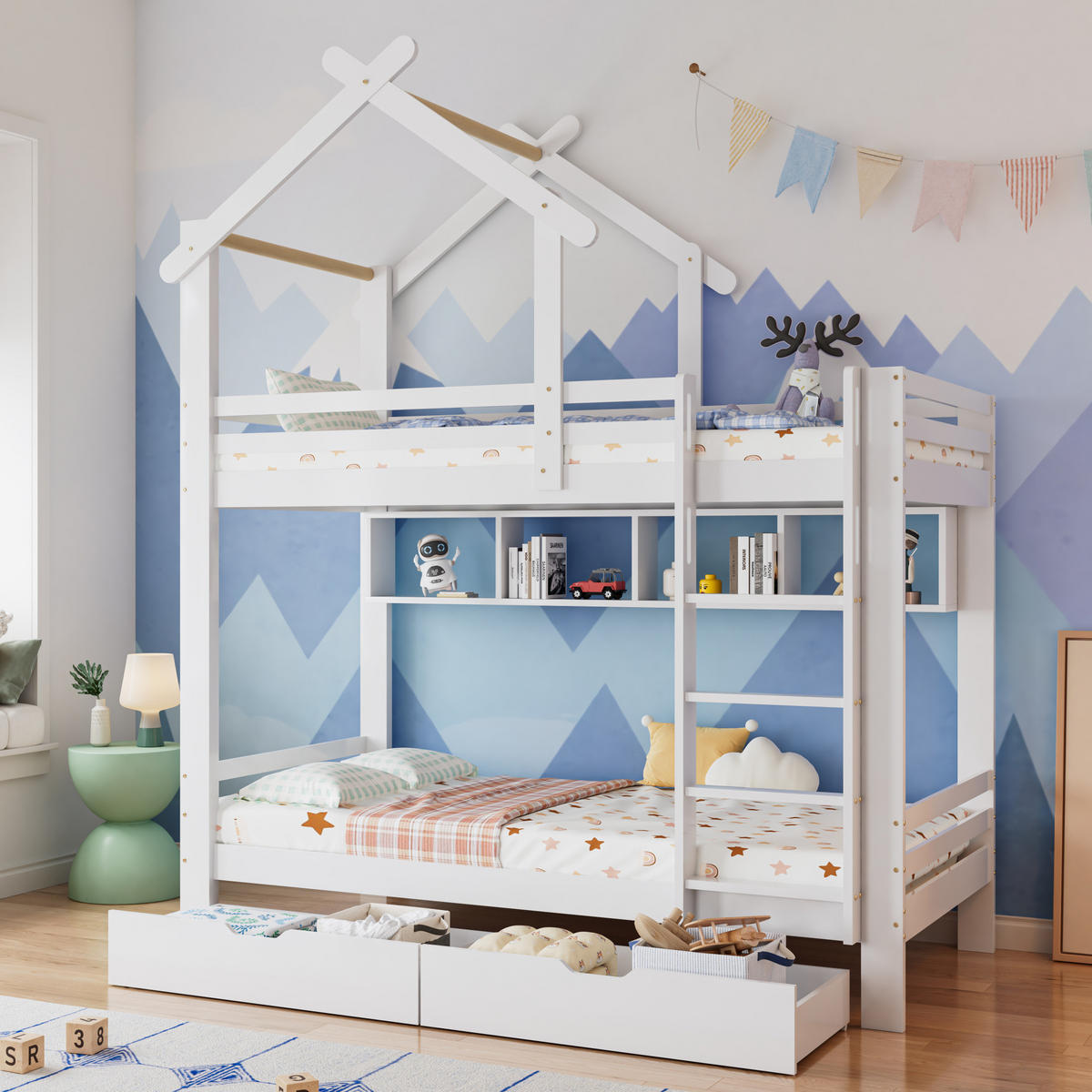 ETAGENBETT 90/200 cm, Weiß mit Schubladen und Regalen - Weiß, Holz (90/200cm) - MIVRAY
