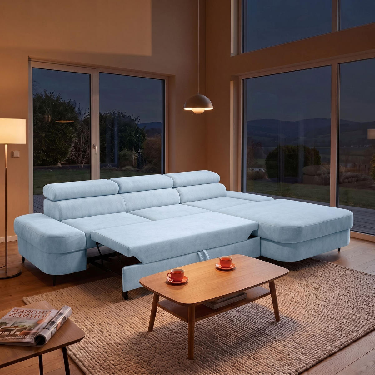 ECKSOFA JAZZ L Rechts mit Schlaffunktion 127x216 Velours Hellblau - Schwarz/Hellblau, Holz/Textil (237/285cm) - Muffo