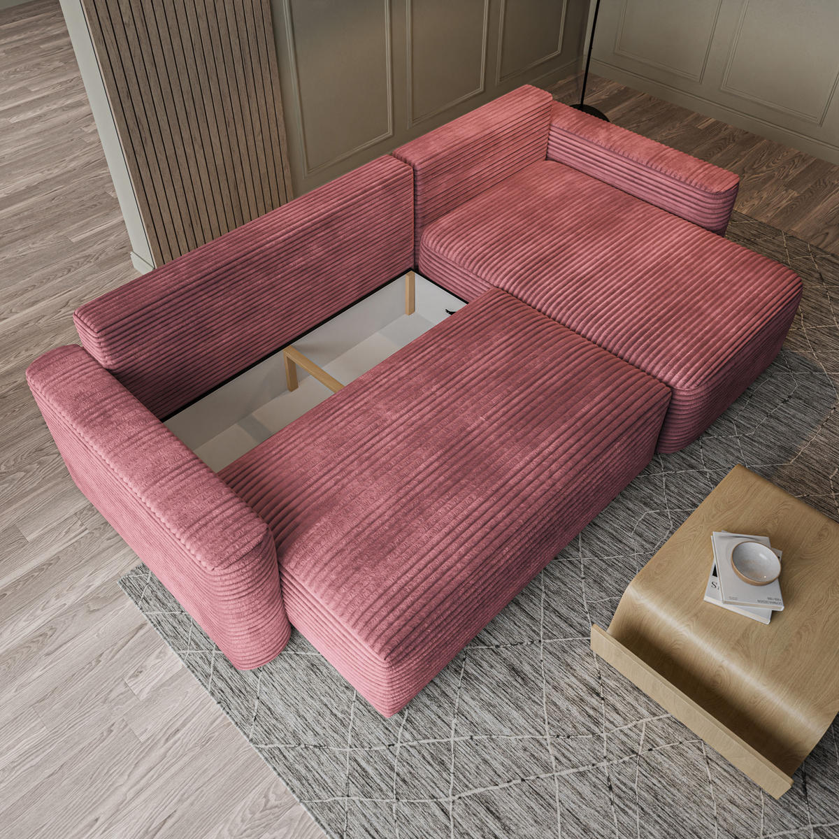 ECKSOFA NERI T Rosa Kordstoff mit Schlaffunktion - Rosa, Holzwerkstoff/Textil (280/157cm) - MASSENO