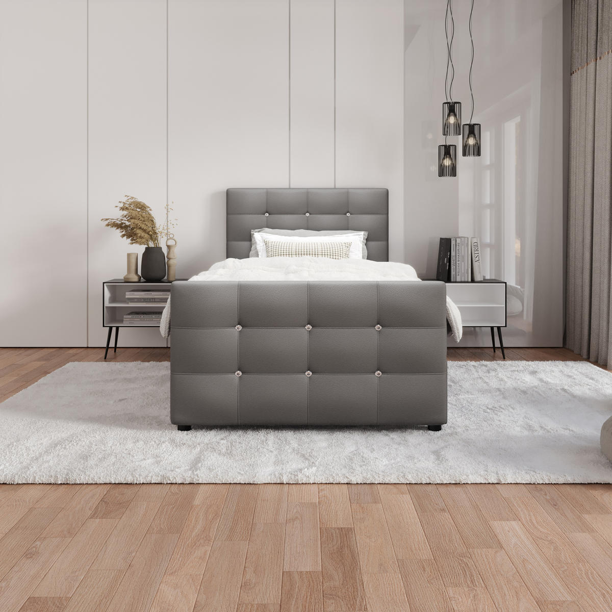BOXBETT KLEO 100x200, mit Matratze H3 und Topper, Madryt 190 - Hellgrau, Holz/Kunststoff (100/200cm) - Bedante