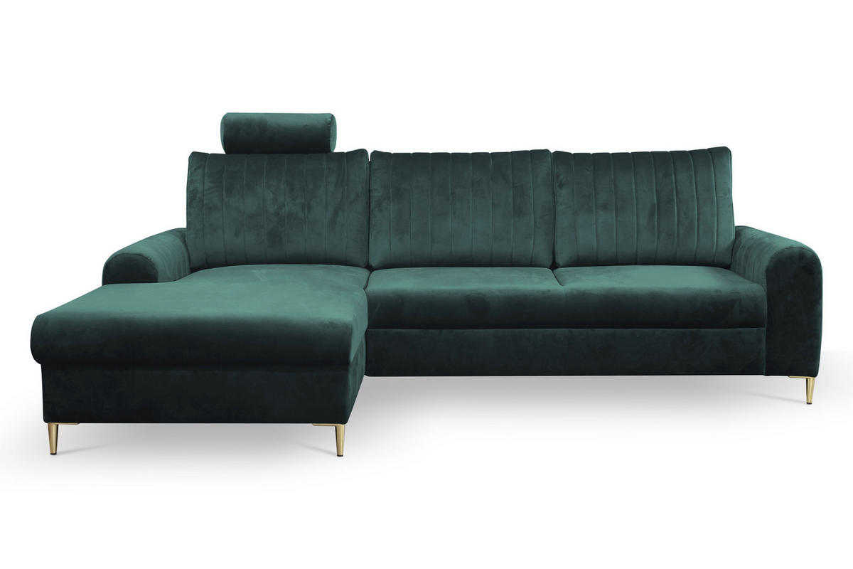 ECKSOFA VERONA L-S Grün Velours-Stoff mit Schlaffunktion - Grün, Holz (251/164cm) - MASSENO