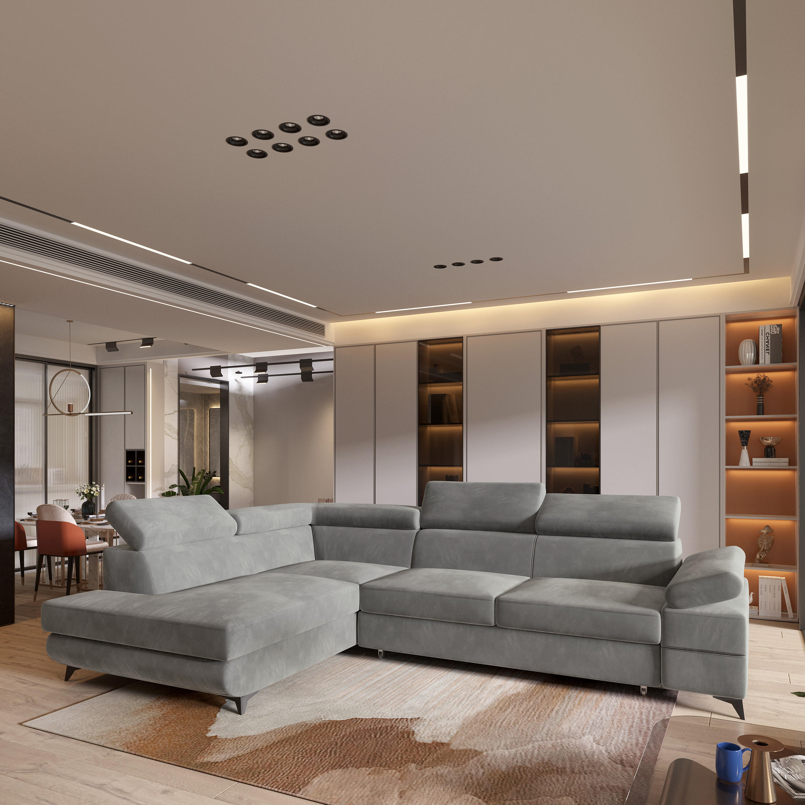 ECKSOFA FAVIEN L-S Hellgrau Velours-Stoff mit Schlaffunktion - Hellgrau, Holz (257/190cm) - MASSENO