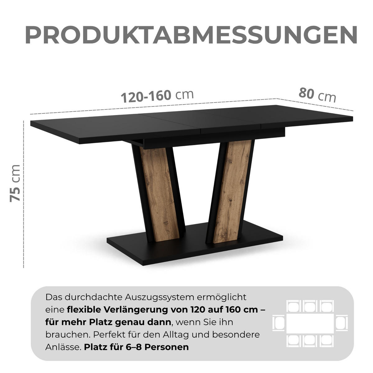 ESSTISCH Ausziehbar von 120 bis 160 cm in Schwarz - Schwarz, Holzwerkstoff (80/160/75cm) - Home Collective