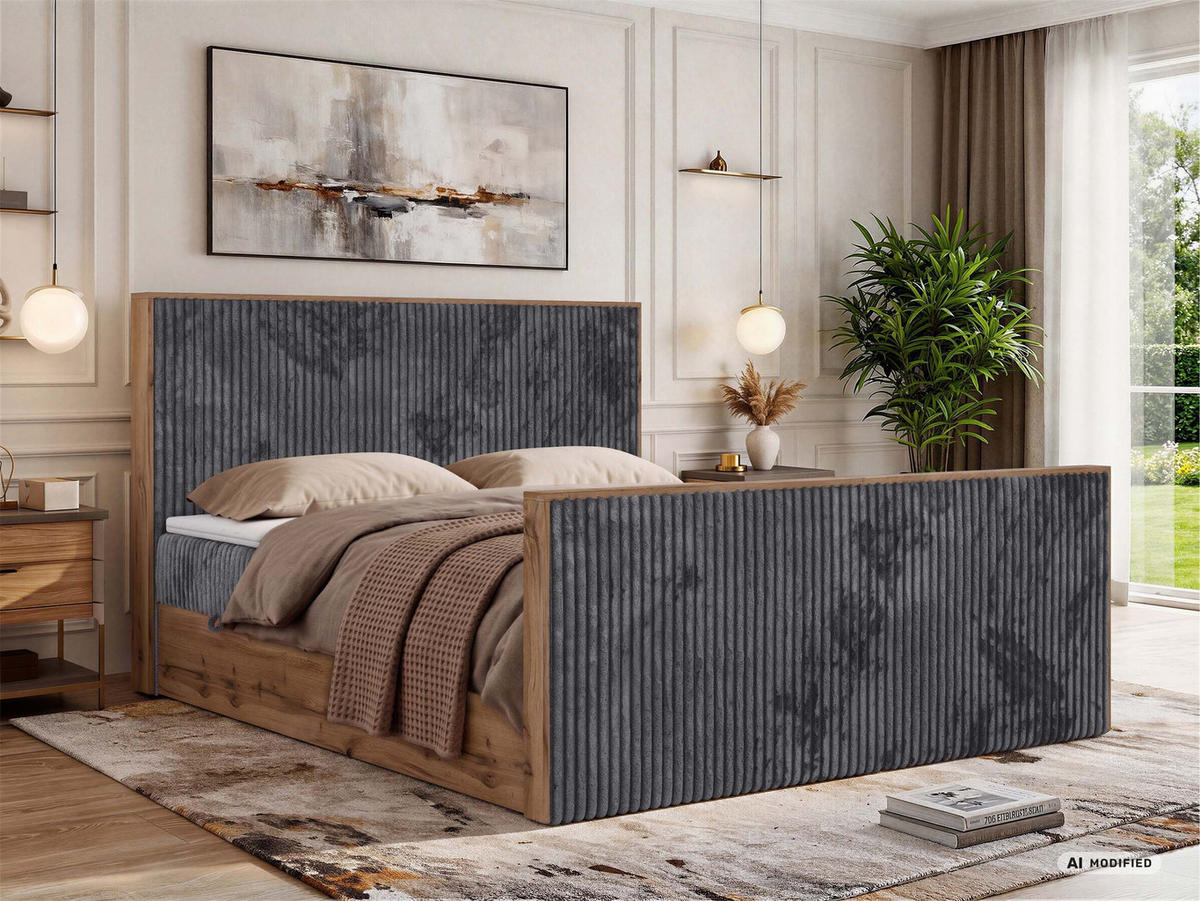 KONTINENTÁLNÍ POSTEL WOOD DUO 200/200 - Šedá Manšestr - Topper Visco - H3 - šedá/černá, textil/plast (200/200cm) - MKS