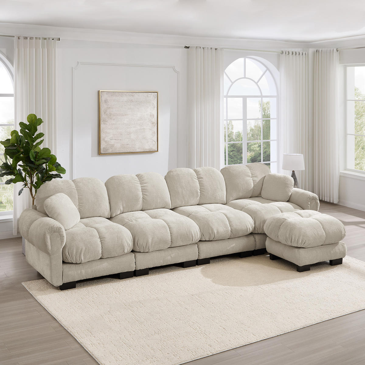 ECKSOFA DE-34384 4-Sitzer mit Steppdesign Hellkhaki - Sandfarben, Textil (149/330cm) - ComfortXL