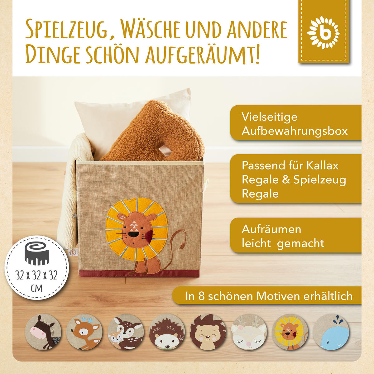 AUFBEWAHRUNGSBOX Kinder Kallax Löwe - Beige/Gelb, Textil (33/33cm) - Bieco Spielwaren